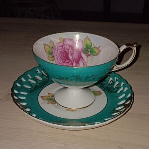 Royal Halsey Rose Tea Cup And Saucer Set.  Teal Gold